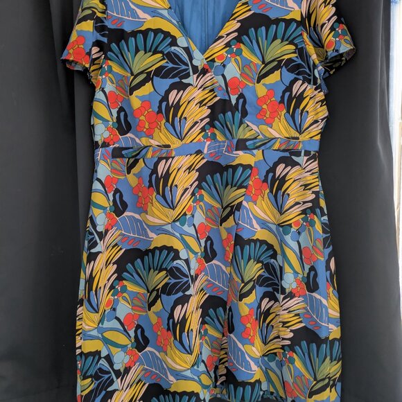 J.Crew Mercantile Women’s Blue Floral V Neck Wrap Front Mini Dress Size 16 - Picture 1 of 9